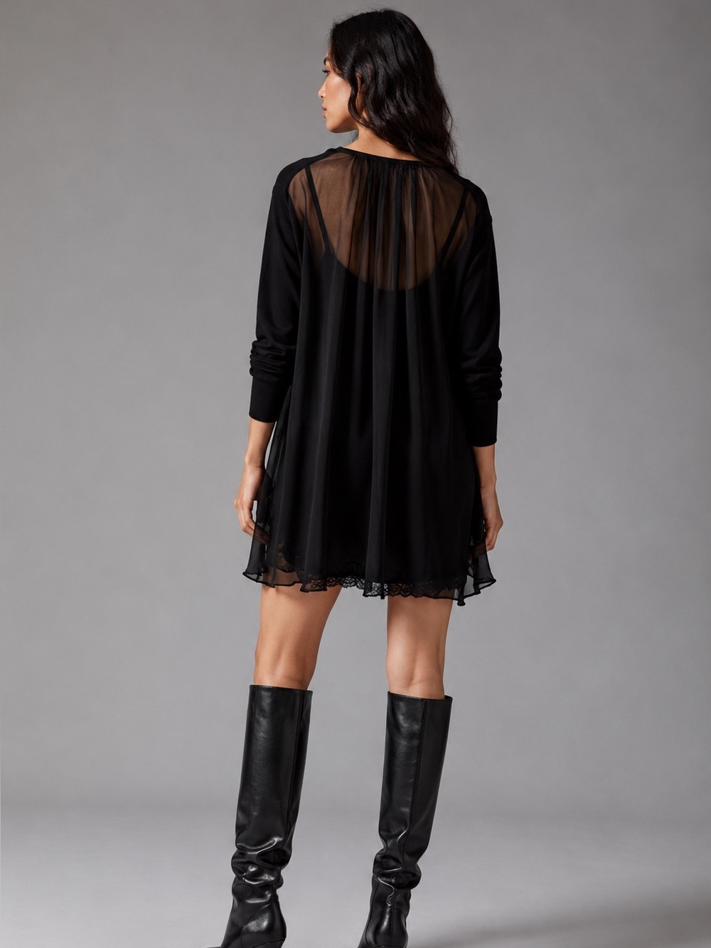 Sacai Luck Black Sheer Silk Mixed Tunic Sweater Dress Womens Size 2 M V-Neck - Picture 7 of 15